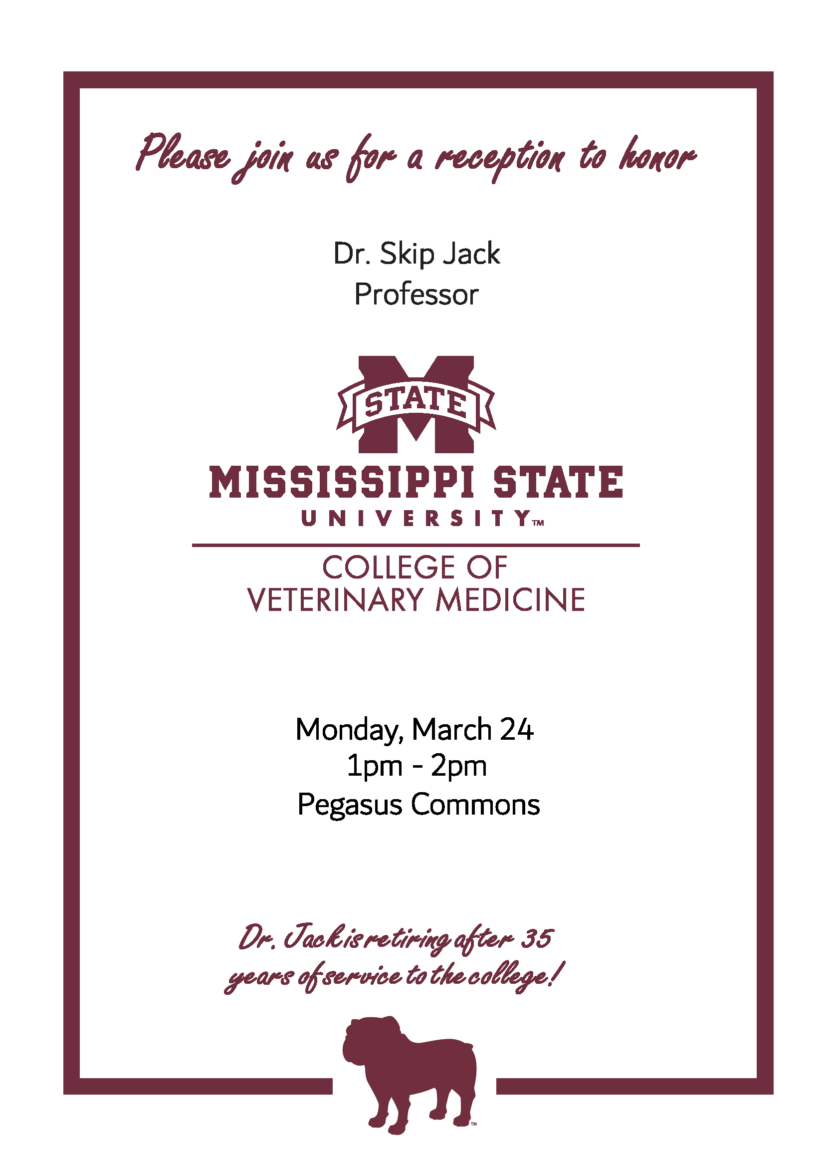 We are pleased to announce a celebration in honor of Dr. Skip Jack's retirement. While he will be retiring from his full-time role, we are excited to share that Dr. Jack will continue to contribute to teaching on a part-time basis.  Dr. Jack’s exceptional career has touched the lives of countless students, colleagues, and professionals in the field of veterinary medicine. With over 35 years of dedication, his contributions have left a lasting mark on the College of Veterinary Medicine. 